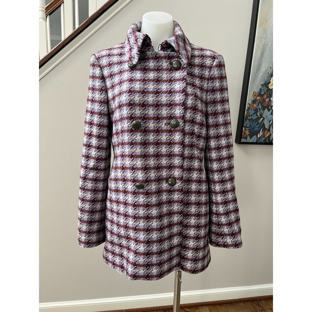 Women's 100% Wool Purple Burgundy Houndstooth Pea Coat